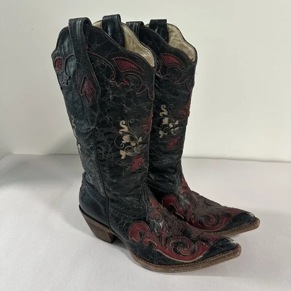 Corral Vintage Black Leather Lizard Inlay Cowboy C2115 Boots Womens Size 7.5 - Picture 3 of 16